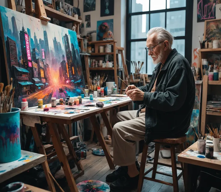 photo, a old man sitting in a art studio is painting a buzzling cyberpunk city