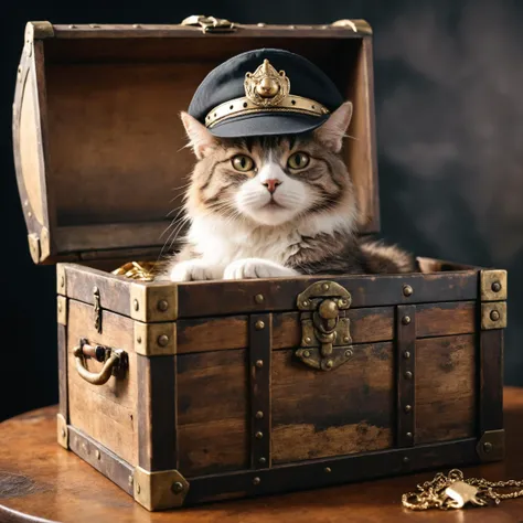 (photo), a cat sitting in a treasure chest, adventurer hat