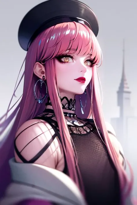 photorealistic, (4k), depth of field, (Masterpiece), (realistic skin texture), extremely detailed, intricate, hyper detailed, high resolution, professional photography, , depth of field, sharp detail, best quality, , 1boy, solo, male focus, <lora:anne_faulkner:0.96>, anne_faulkner, pink hair, yellow eyes, long hair, , jewelry, earrings, , The Tower of Shadows,