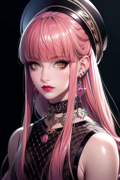 photorealistic, (4k), depth of field, (Masterpiece), (realistic skin texture), extremely detailed, intricate, hyper detailed, high resolution, professional photography, , depth of field, sharp detail, best quality, , 1boy, solo, male focus, <lora:anne_faulkner:0.96>, anne_faulkner, pink hair, yellow eyes, long hair, , jewelry, earrings, luau costume, steampunk,
