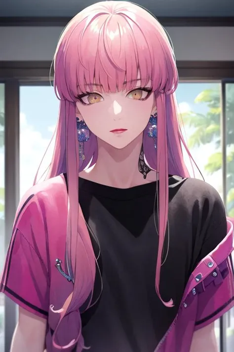 (best quality:1.1), (masterpiece:1.4), game cg, looking at viewer, upper body, depth of field, (watercolor illustration, soft pastel colors:1.1), , 1boy, solo, male focus, <lora:anne_faulkner:1>, anne_faulkner, pink hair, yellow eyes, long hair, , jewelry, earrings, , neverland: A lost island where children can stay forever young, HD