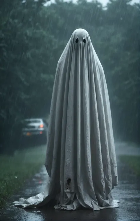 sheetghost person wearing a decorative sheet (holding a rocket launcher over its shoulder, in a heavy rainstorm :1.7) , dangerous and spooky. Horror film style. . . <lora:SheetGhost SDXL LoRA - Trigger with Sheetghost Person:1>