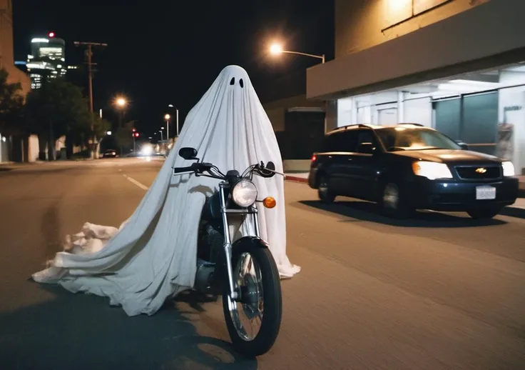 <lora:SheetGhost SDXL LoRA - Trigger with Sheetghost Person:1> Sheetghost person riding a motorcycle holding a chainsaw. Midnight under moonlight in downtown Los Angeles. Wide angle shot. Spooky vibes.
