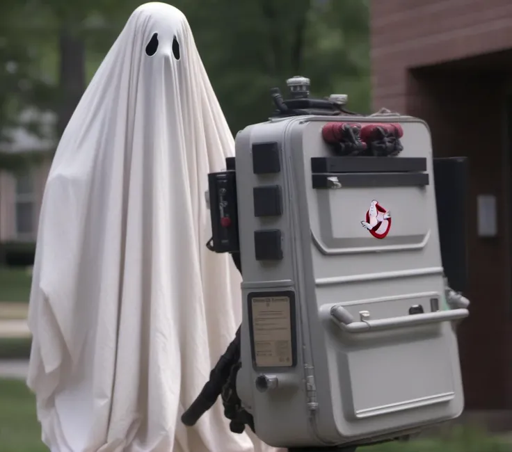 <lora:SheetGhost SDXL LoRA - Trigger with Sheetghost Person:.8> Sheetghost person( wearing a Ghostbuster's proton pack backpack:1.6) that he took from a dead ghostbuster.