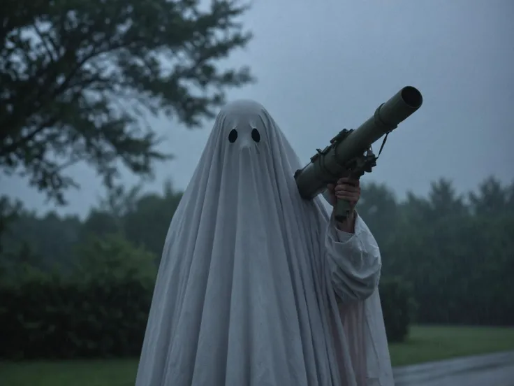 sheetghost person wearing a decorative sheet (holding a rocket launcher over its shoulder, in a heavy rainstorm :1.7) , dangerous and spooky. Horror film style. . . <lora:SheetGhost SDXL LoRA - Trigger with Sheetghost Person:1>