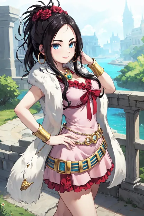 masterpiece,best quality,highres,ultra-detailed,aadeborah,(mole under eye:0.8),blue eyes,long hair,hair flower,red rose,hoop earrings,necklace,feather boa,(pink dress:1.3),ribbon,bracelet,belt,barefoot,red high heels,<lora:deborah:0.8>,outdoors,cowboy shot,standing,smile,