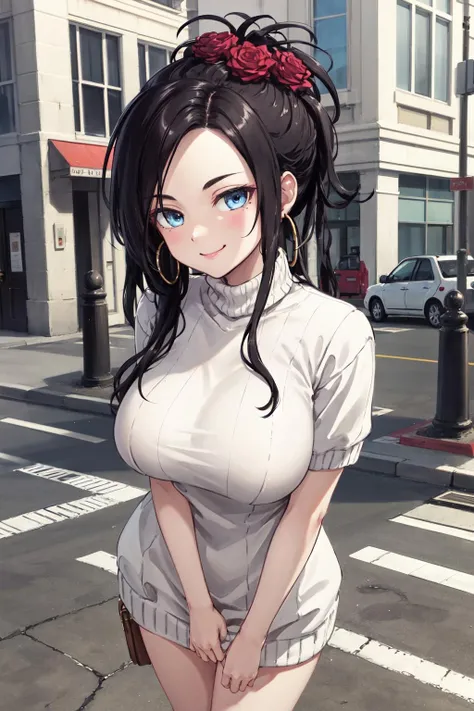 ((masterpiece)),((high resolution)),((best quality)),extremely fine and beautiful, super fine illustration, face focus, face closeup, beautiful detailed girl, supple breasts, front view, facing at viewer, black hair, (Happy:1.4), (see-through:0.4), covered, hair covering breasts, ((black hair)), (very long hair), fox ears, blue eyes, profile, white blouse, microskirt, (cleavage:1.0), saggy breasts, downblouse, form fitting clothes, body conscious, (((dark voluminous fox tail))), (medium-large breasts:1.4), (plump thighs), (muscular:1.6), (wide hips), bright smile, movie lighting, perfect shadow, realistic lighting shaded, (walking down street), (medieval fantasy city scenery), 1girl, flirty, seductive