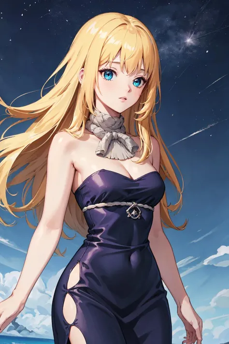 ((best quality, high quality, highres)), ruri, 1girl, solo, blue dress, dress, strapless, bare shoulders, in the florest <lora:Ruri(dr.stone):0.8>