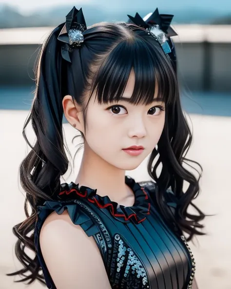 RAW photo, hyper real photo of japanese girl yuimetal with twintails hair in black dress with iridescent sequined outfit that glimmers in the light reflections, futuristic gothic style, black lether and steel studs, a music album cover, space galaxy in background, metal rock music concert, heavy metal style, pixiv contest winner, precisionism, official art, high resolution, uhd image, best quality masterpiece, photorealistic, detailed, 8k, HDR, shallow depth of field, broad light, high contrast, dark background with ancient temple, old stone statues of fox god, backlighting, bloom, light sparkles, chromatic aberration, sharp focus, RAW color photo, film still, Film-like, bokeh, 3d, cinematic lighting, 8k resolution, Nikon 85mm, Award Winning, Glamour Photograph, extremely detailed, high quality, film grain  <lora:YuiMetal:1.5>