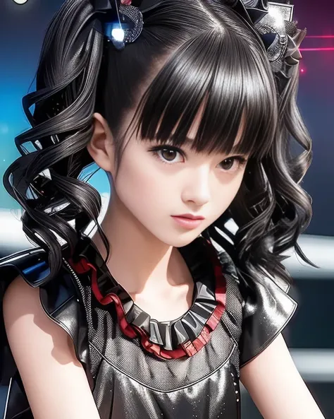 RAW photo, hyper real photo of japanese flat chest girl yuimetal with twintails hair in black dress with iridescent sequined outfit that glimmers in the light reflections, futuristic gothic style, black lether and steel studs, a music album cover, space galaxy in background, metal rock music concert, heavy metal style, pixiv contest winner, precisionism, official art, high resolution, uhd image, best quality masterpiece, photorealistic, detailed, 8k, HDR, shallow depth of field, broad light, high contrast, dark background with ancient temple, old stone statues of fox god, backlighting, bloom, light sparkles, chromatic aberration, sharp focus, RAW color photo, film still, Film-like, bokeh, 3d, cinematic lighting, 8k resolution, Nikon 85mm, Award Winning, Glamour Photograph, extremely detailed, high quality, film grain <lora:YuiMetal:2>
