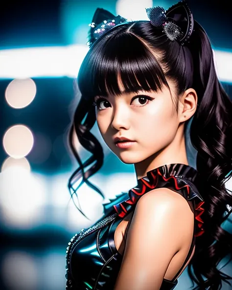 RAW photo, hyper real photo of japanese girl yuimetal with twintails hair in black dress with iridescent sequined outfit that glimmers in the light reflections, futuristic gothic style, black lether and steel studs, a music album cover, space galaxy in background, metal rock music concert, heavy metal style, pixiv contest winner, precisionism, official art, high resolution, uhd image, best quality masterpiece, photorealistic, detailed, 8k, HDR, shallow depth of field, broad light, high contrast, dark background with ancient temple, old stone statues of fox god, backlighting, bloom, light sparkles, chromatic aberration, sharp focus, RAW color photo, film still, Film-like, bokeh, 3d, cinematic lighting, 8k resolution, Nikon 85mm, Award Winning, Glamour Photograph, extremely detailed, high quality, film grain  <lora:YuiMetal:1.2>