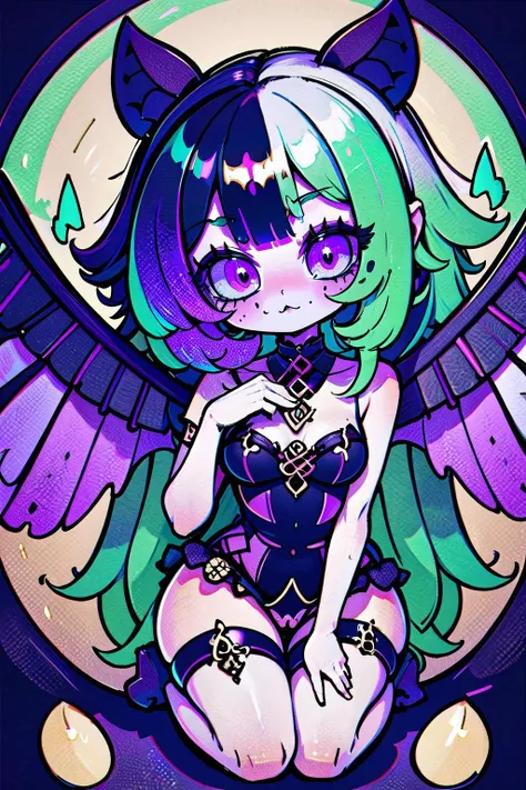demonic kawaii style, pastel goth, multicolored hair, (masterpiece, best_quality, ultra-detailed, immaculate:1.3), epic, illustration, 1girl, (gentle Dark Nymphet:1.3) cute succubus, wings, full body, cameltoe, [:intricate costume design,:0.2], official art, (african, dark skin:0.6), studio deep forest green lighting from above<lora:EnvyCuteMix11:1><lora:Demonic_Kawaii-06:1><lyco:EnvyPastelGoth01:1><lyco:poodaAny:0.5>,