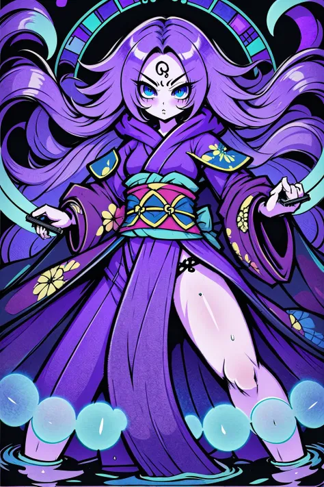 demonic kawaii style, pastel goth, multicolored hair, (masterpiece, best_quality, ultra-detailed, immaculate:1.3), epic, illustration, Yakuza ,cyberpunk rogue  villainess, patterned silk , hooded cloak,, kimono,violet hair, Knee Length Hair,short bombshell hair, , full body, battoujutsu stance, rainy night, in a tropical, flooded swamp<lora:EnvyCuteMix11:1><lora:Demonic_Kawaii-06:1><lyco:EnvyPastelGoth01:-1><lyco:poodaAny:0.5>,