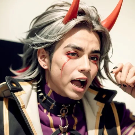 masterpiece, best quality,1boy, male focus, black nails, solo, horns, spikes, arataki itto, long hair, open mouth, multicolored hair, red eyes, red hair, jewelry, simple background, double v, v