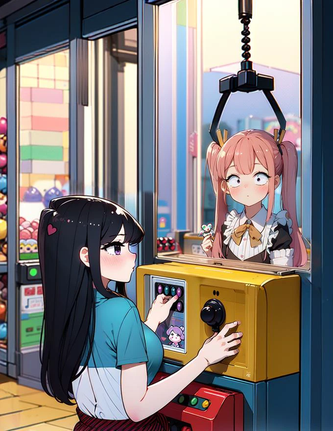 (((masterpiece))), (((best quality))), ((claw machine)), hands on bottom panel, control long joystick and press button, using clamp to pull the toy up, 1girl, komishouko, shy, blush, school uniform, claw machine, <lora:girllikeclawmachine_v20:0.6>, <lora:komi_shouko:0.8>, rear view,