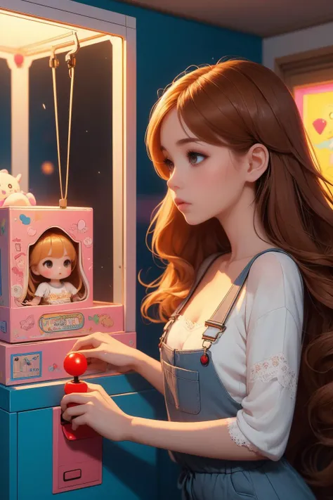 ( detailed realistic background:1),
( official art, beautiful and aesthetic:1 ),
realistic lighting,
cinematic lighting,
hyperrealism,
soothing tones,
muted colors,
high contrast,
soft light,
sharp,
artistic photoshoot,
( cute, petite ),
slender,
european,
pale cheeks,
square face shape with angular jaw,
natural "no-makeup" makeup,
small breasts,
,
ginger hair ,
soft beach waves hair ,
<lora:girllikeclawmachine_v20:0.8> claw machine, claw is clamping a doll box up, hand on bottom panel, control joystick and press button with hand, ribbon, lace overalls
