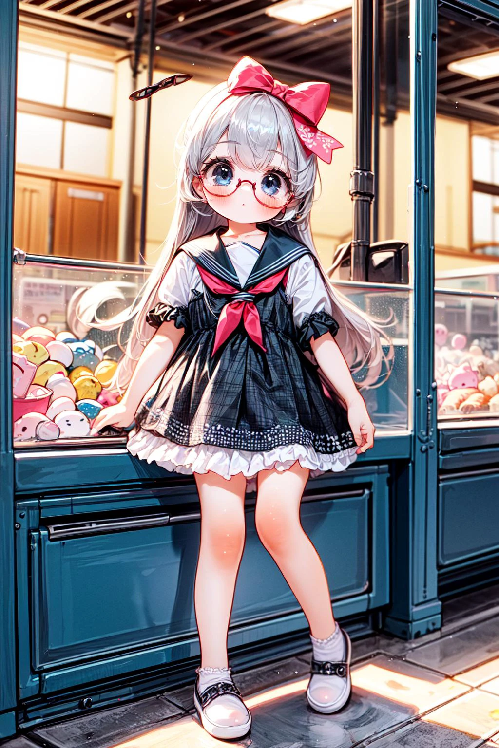 <lora:jyoji fuku v6:0.45>, ((jyojifuku, dress, frills, ribbon, hair bow)):1.24,
BREAK 1woman, adorable, clear face, solo, ((full body)):1.33, ((a woman wear a clear glasses, detailed glasses)):1.2,
BREAK perfect(anatomy,body,face,hand,leg,foot,fingers), ((multicolor sliver gray hairs, very long hairs):1.23, cleavage),
BREAK soft light, light on face, cinematic lighting, dynamic(angle, elegant posture), detailed(shadow, lightning),
BREAK beautiful detailed woman, glossy pink lips, ((milky skin, shiny skin)), makeup, blush,eyeliner, eyeshadow, eyelashes, textured skin, collarbone, perfect skin,
BREAK <lora:more_details:0.73>, extremely detailed, CG, finely detail, (masterpiece, best quality):2.0, (intricate details, depth of field),
<lora:girl like claw machine v2:0.75>, (claw machine, claw is clamping a doll box up, hand on bottom panel, control joystick and press button with hand):1.2,