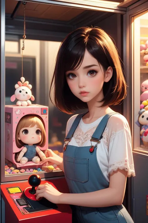 ( detailed realistic background:1),
( official art, beautiful and aesthetic:1 ),
realistic lighting,
cinematic lighting,
hyperrealism,
soothing tones,
muted colors,
high contrast,
soft light,
sharp,
artistic photoshoot,
( cute, petite ),
slender,
european,
pale cheeks,
square face shape with angular jaw,
natural "no-makeup" makeup,
small breasts,
,
brunette hair ,
blunt cut hair ,
<lora:girllikeclawmachine_v20:0.8> claw machine, claw is clamping a doll box up, hand on bottom panel, control joystick and press button with hand, ribbon, lace overalls