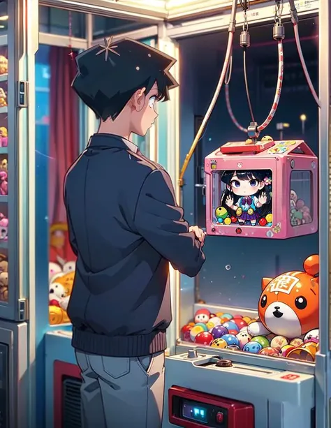 (((masterpiece))), (((best quality))), ((claw machine)), hands on bottom panel, control long joystick and press button, using clamp to pull the toy up, komi shouko, school uniform, claw machine, <lora:girllikeclawmachine_v20:0.6>, <lora:komiCantCommunicate:0.7>