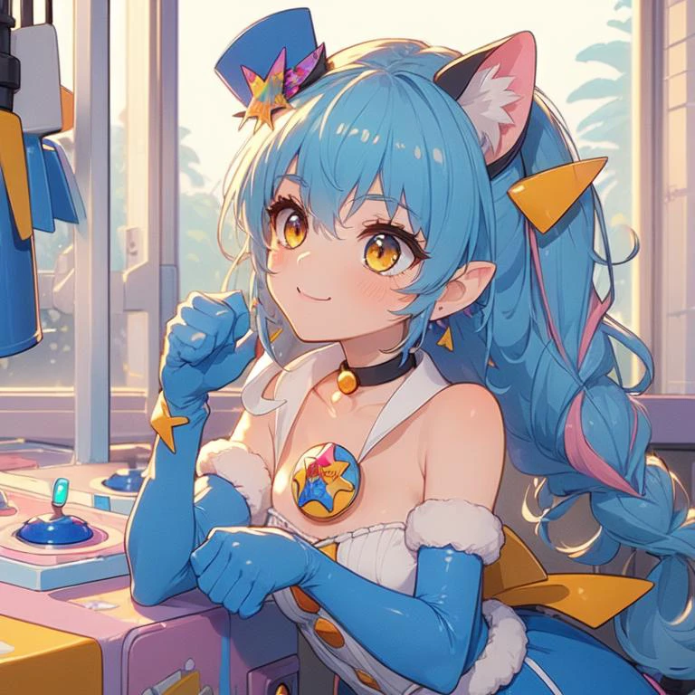 (masterpiece, best quality, detailed:1.5), 1girl from side, bend over while control long joystick and press button, (claw machine:1.2) <lora:girllikeclawmachine:0.8>, <lyco:locon_cure_cosmo_01:1.0> (cure cosmo:1.2), smile, (cat girl, mini hat, multicolored hair, blue elbow gloves, choker, collar:1.2)