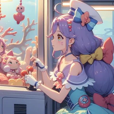 (masterpiece, best quality, detailed:1.5), 1girl from side, bend over while control long joystick and press button, (claw machine:1.2)  <lora:girllikeclawmachine:0.8>,  <lyco:locon_cure_coral_02:1.0> (cure coral:1.3), laugh, (lavender theme:0.8), low twintails, sailor dress, ahoge, capelet, hair ribbon, sailor hat, fingerless gloves, choker, heart facial mark, hair ornament