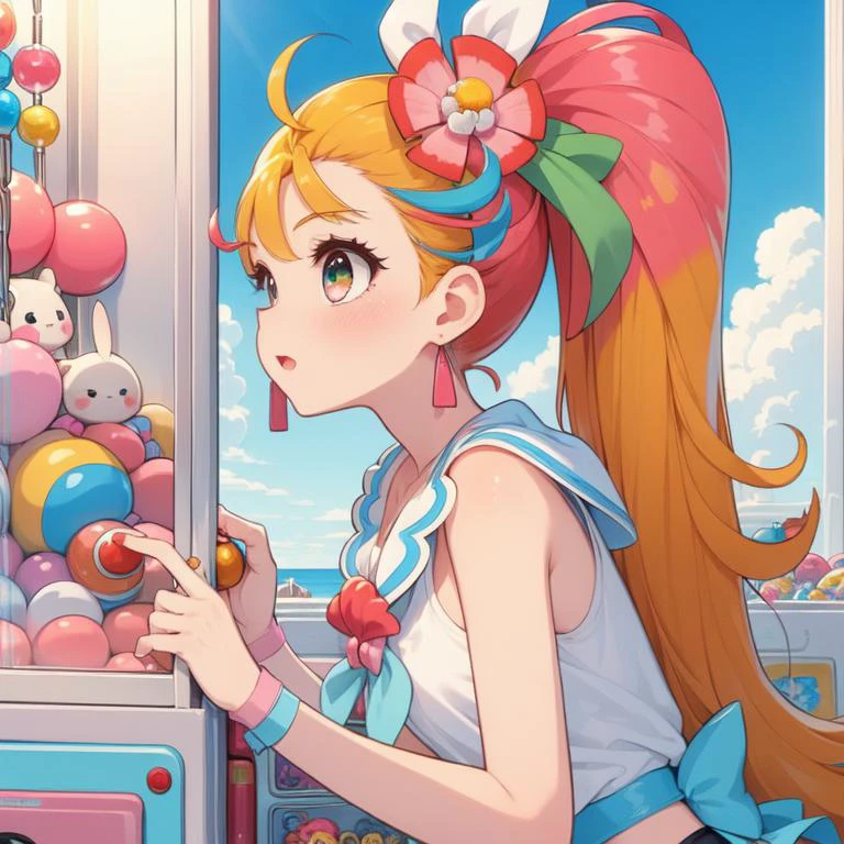 (masterpiece, best quality, detailed:1.5), 1girl from side, bend over while control long joystick and press button, (claw machine:1.2) <lora:girllikeclawmachine:0.8>, cure summer <lyco:locon_cure_summer_01:1.0>, laugh, (multicolored hair, ahoge, side ponytail:1.1)