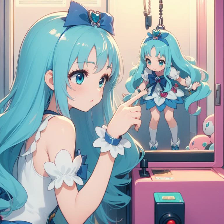 (masterpiece, best quality, detailed:1.5), 1girl from side, bend over while control long joystick and press button, (claw machine:1.2) <lora:girllikeclawmachine:0.8>, laugh, <lyco:locon_cure_marine_2:1.0> (cure marine, wavy hair, aqua hair, wrist cuffs, hair ribbon:1.2)