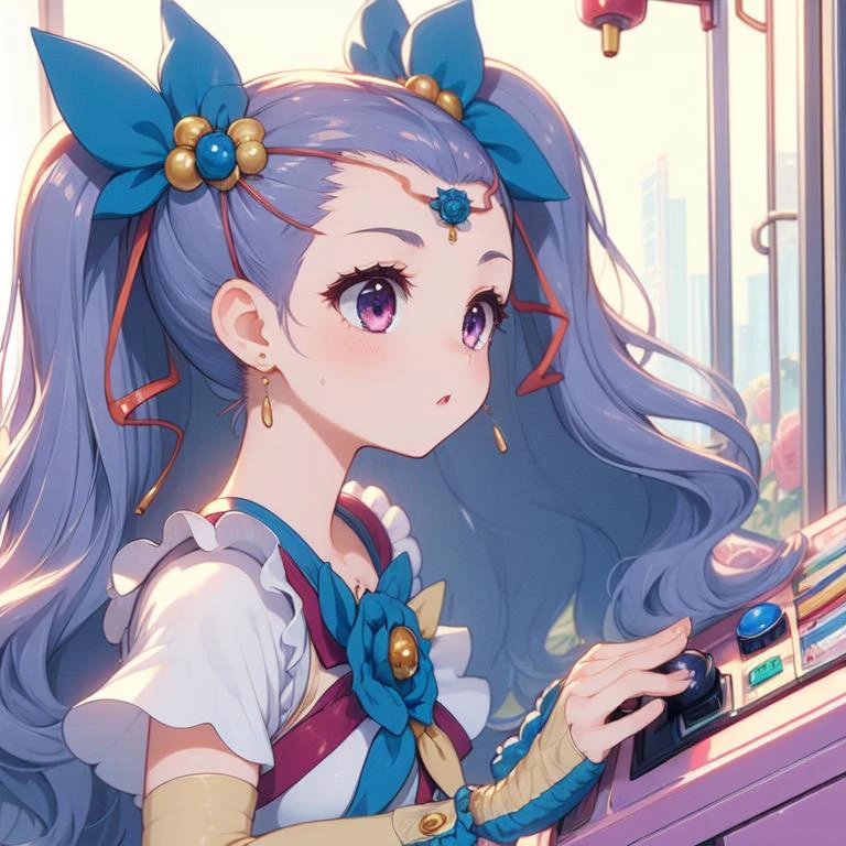 (masterpiece, best quality, detailed:1.5), 1girl from side, bend over while control long joystick and press button, (claw machine:1.2) <lora:girllikeclawmachine:0.8>, frustrated, <lyco:locon_milky_rose_01:1.0> (milky rose, hair ornament, hair ribbon, arm warmers, brooch:1.2), (purple theme:0.8)