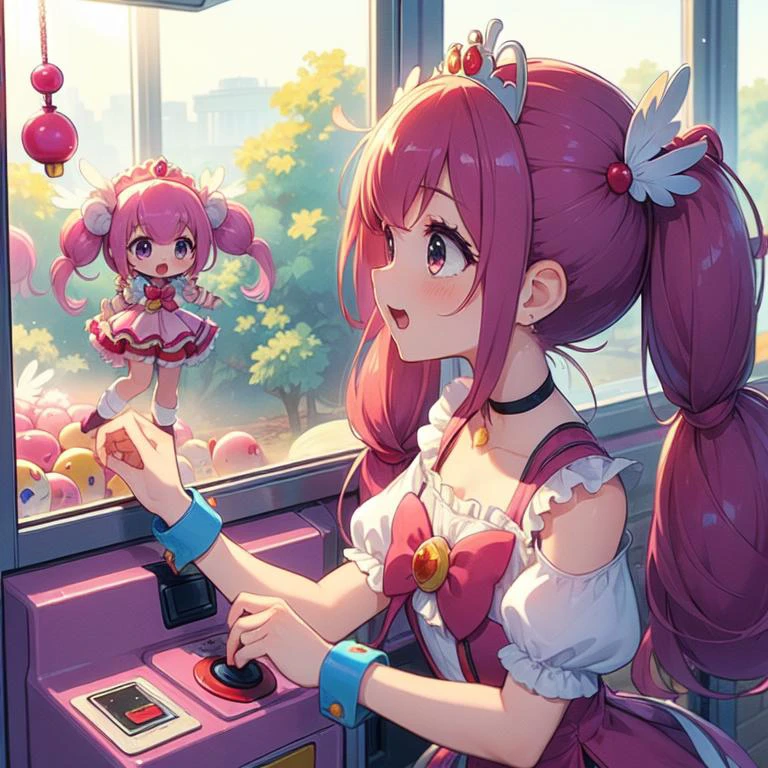 (masterpiece, best quality, detailed:1.5), 1girl from side, bend over while control long joystick and press button, (claw machine:1.2) <lora:girllikeclawmachine:0.8>, <lyco:locon_cure_happy_1:1.0> (cure happy, laugh, low twintails, feather hair ornament, tiara, wrist cuffs,:1.2)