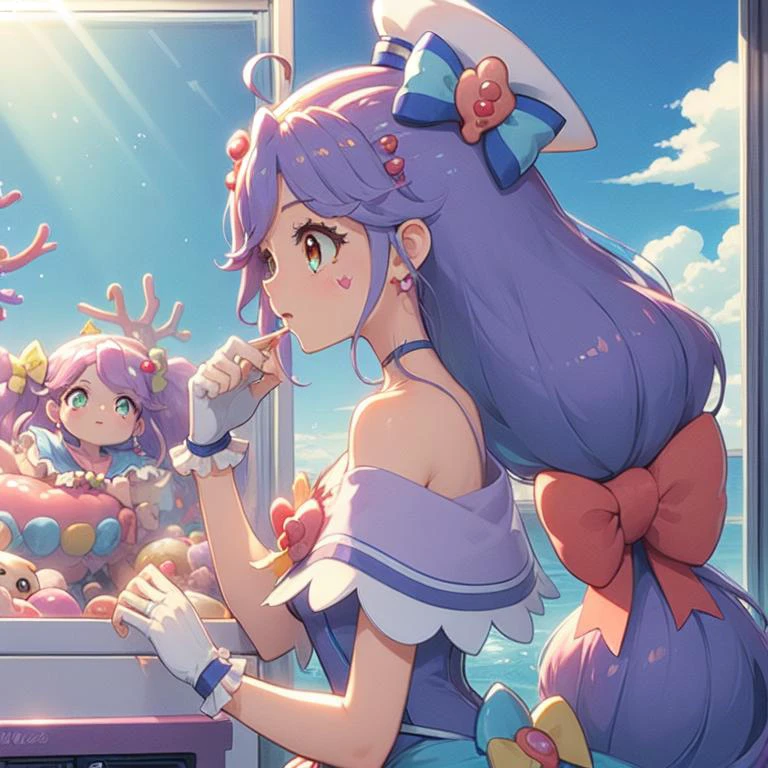 (masterpiece, best quality, detailed:1.5), 1girl from side, bend over while control long joystick and press button, (claw machine:1.2) <lora:girllikeclawmachine:0.8>, <lyco:locon_cure_coral_02:1.0> (cure coral:1.3), laugh, (lavender theme:0.8), low twintails, sailor dress, ahoge, capelet, hair ribbon, sailor hat, fingerless gloves, choker, heart facial mark, hair ornament