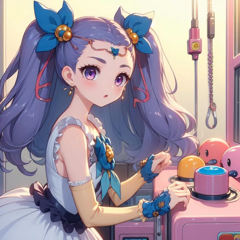 (masterpiece, best quality, detailed:1.5), 1girl from side, bend over while control long joystick and press button, (claw machine:1.2) <lora:girllikeclawmachine:0.8>, frustrated, <lyco:locon_milky_rose_01:1.0> (milky rose, hair ornament, hair ribbon, arm warmers, brooch:1.2), (purple theme:0.8)