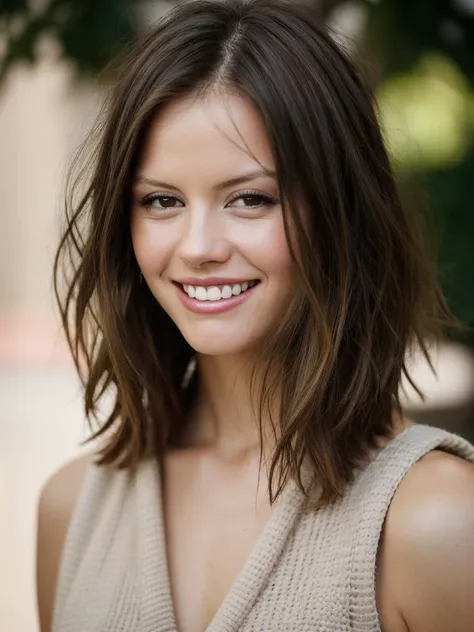 Realistic photo of a beautiful m14g woman,  1girl,solo,smile,short hair,simple background,brown hair,brown eyes,upper body,teeth,sleeveless,grin,sweater,black background,realistic, soft lighting, professional Photography, Photorealistic, detailed, RAW, analog, sharp focus, 8k, HD, high quality, masterpiece<lora:m14g:1.0>