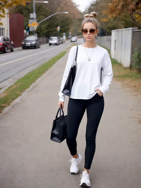 Realistic photo of a beautiful m14g woman, 1girl,solo,blonde hair,shirt,long sleeves,jewelry,standing,full body,white shirt,earrings,outdoors,shoes,day,pants,necklace,bag,hair bun,black footwear,blurry,blurry background,single hair bun,sunglasses,sneakers,walking,handbag,road,street,photo background,high-waist pants, soft lighting, professional Photography, Photorealistic, detailed, RAW, analog, sharp focus, 8k, HD, high quality, masterpiece<lora:m14g:1.0>