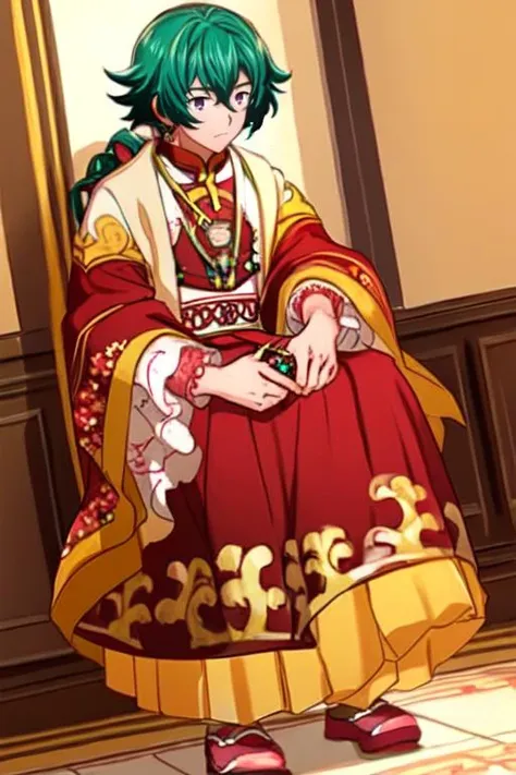 (masterpiece),(best_quality),1boy,Kongoubu,frilled sleeves,wide sleeves,mirror on body,yellow skirt,double vajra necklace,red robe,patterned clothing,aqua footwear,<lora:Kongoubu:1>,