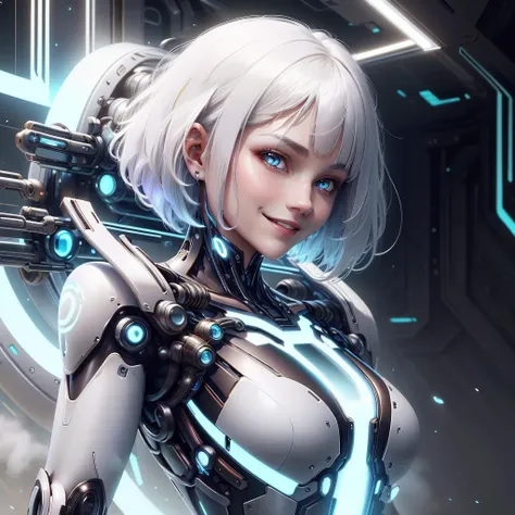 (Uma garota:1.1) (with robotic and malicious traits:1.2), com (mechanical arms), (detailed CG 8k background+workshop)0.2]