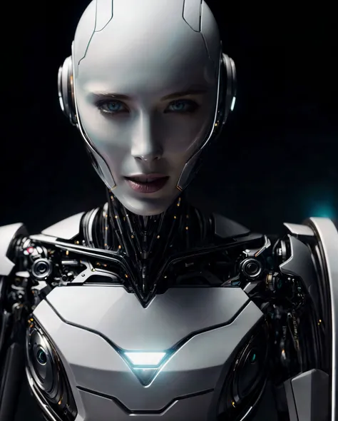 white polymer futuristic android. gynoid, pastel colors, neotech, sleek, photo of a beautiful (sweetlinda) (fembot), ((bald)) (plastic white android head) <lora:NeoFuturisticTech:0.4> (perfect teeth), with blue eyes <lora:detailed_eye:0.3> <lora:add_detail:0.85> <lora:LowRA:0.45> <lora:epiNoiseoffset_v2:0.45> <lora:NeoFuturisticTech:0.4> (upper body) <lora:CyberPunkAI:0.3>, (RAW photo), (high detailed skin:0.8), Ray Tracing, hyper realistic, dramatic, 8k uhd, dslr, soft lighting, high quality, film grain, Fujifilm XT3, (RAW photo), (high detailed skin:0.8)