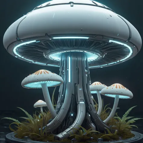 scifi, glowing, neotech, mechanical mushroom planted , hyper detailed