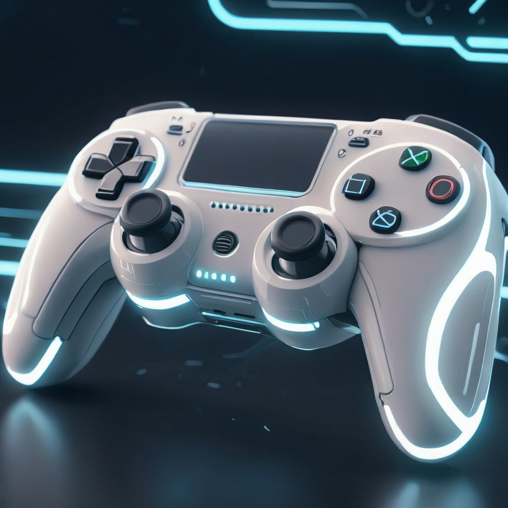 A close up of a video game controller with a glowing display - SeaArt AI