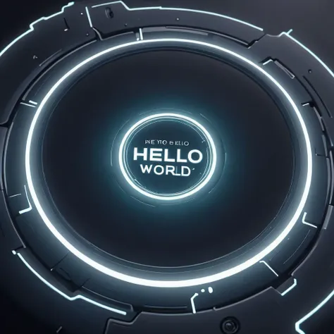 scifi, glowing, neotech, game disk,with a text saying "Hello World", near a screen, blurry_background, , hyper detailed