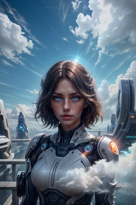striking visual design, <lora:add_detail:0.75>, <lora:sharpen-soften:-0.2>, <lora:stylesqueeze_v2:0.25>, <lora:realistic:0.25>,
1 girl, adult (elven:0.7) woman, freckles, teal eyes, dark brown short hair,
(focus on character:1.1), portrait, solo, half shot, detailed background, detailed face, (<lora:NeoFuturisticTech-20:0.6>, sleek, neotech theme:1.1), aristocratic pose, awestruck, ruling class, elegant clothing, looking up at floating (cloud city:1.1), utopian cloudtop sky-city, floating platforms, floating buildings, dome, railing, propellers, clouds in background, wind blowing, epic atmosphere, glowing dark orange lights,