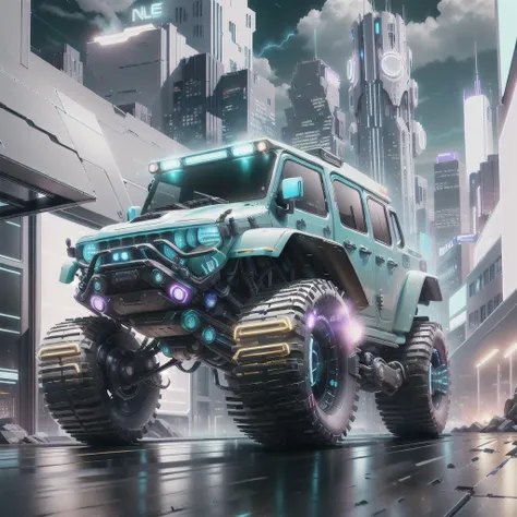 <lora:NeoFuturisticTech:1> neotech, a heavy futuristic Jeep driving by a bustling city at night, ((emitting neon blue light)), with a sleek and aerodynamic design, reflecting the colorful lights of the cityscape below ultra-detailed, Hyperrealistic, sharp focus, octane render, Cyberpunk,
