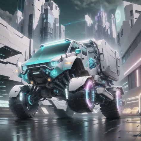 <lora:NeoFuturisticTech:1> neotech, a heavy futuristic Jeep driving by a bustling city at night, ((emitting neon blue light)), with a sleek and aerodynamic design, reflecting the colorful lights of the cityscape below ultra-detailed, Hyperrealistic, sharp focus, octane render, Cyberpunk,