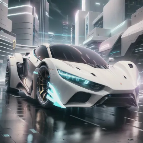 <lora:NeoFuturisticTech:1> neotech, sleek, a futuristic sports car driving by a bustling city at night, ((emitting neon blue light)), with a sleek and aerodynamic design, reflecting the colorful lights of the cityscape below ultra-detailed, Hyperrealistic, sharp focus, octane render, Cyberpunk,