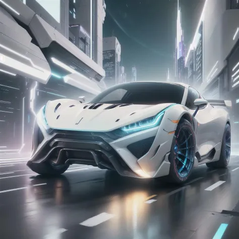 <lora:NeoFuturisticTech:1> neotech, sleek, a futuristic sports car driving by a bustling city at night, ((emitting neon blue light)), with a sleek and aerodynamic design, reflecting the colorful lights of the cityscape below ultra-detailed, Hyperrealistic, sharp focus, octane render, Cyberpunk,