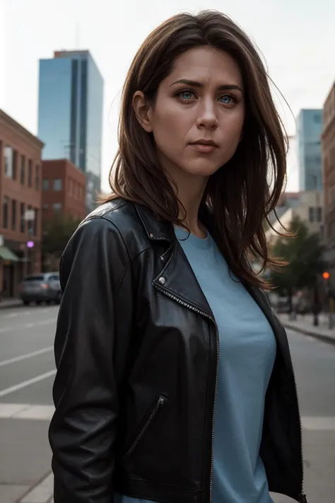 <lora:mondongo_LoRA_JenniferAniston:1> mndngwmn, (ultra realistic, 8k,high quality),(medium shot), wearing a leather jacket, on a city downtown