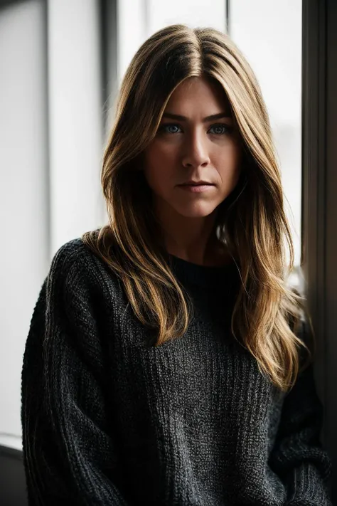 <lora:mondongo_LoRA_JenniferAniston:0.95> mndngwmn, portrait, face, medium hair, blonde and brown hair, window light, warm and soft light, highly detailed, black sweater, cinematic,