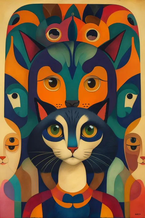 masterpiece,best quality,cat,illustration,<lora:tbh110-:0.9>,style of Tarsila do Amaral,