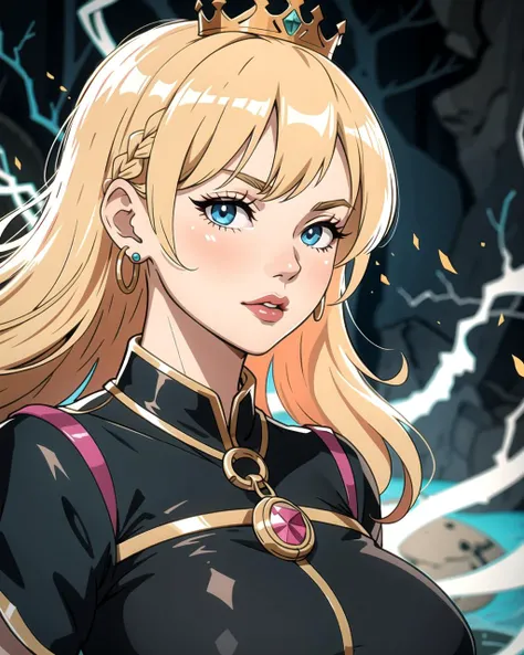 ((masterpiece), best quality, high quality, professional quality, highly detailed, highres, perfect lighting, natural lighting), Generate an amazing best quality illustration, Arrayed, Charmer, Average Height, in shape, Round Face, Dark Skin, Blonde Hair, Blue Eyes, Wide Nose, Pouty Lips, Prominent Chin, Long Hair, Straight Hair, Updo, soft breasts, Drop earrings, terracotta velvet lipstick, A timeless realm where every moment freezes, locked in eternal stillness, Crystals that form in a radial pattern, emanating from a central point like a burst of energy,gruesome, Gigantic sea creature rising from the depths, Tan Skin, Blonde with a braided crown and loose waves, fuchsia satin lipstick, A decaying, overgrown maze with unsettling whispers echoing through the hedges