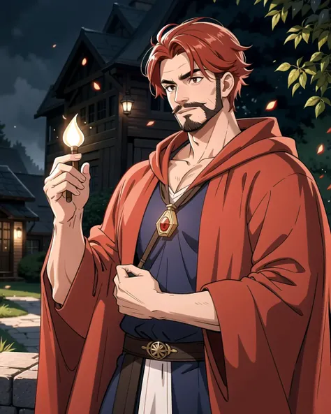 ((masterpiece), best quality, high quality, professional quality, highly detailed, highres, perfect lighting, natural lighting), (1boy, muscular, handsome, facial hair, short hair, red hair), wearing wizard robes, casting a spell, outdoors