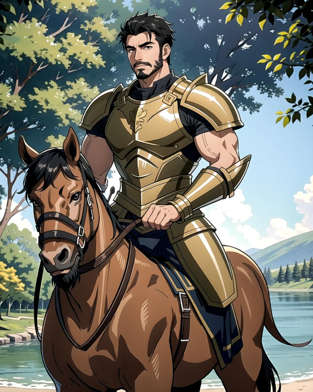 A close up of a man riding a horse near a lake - SeaArt AI